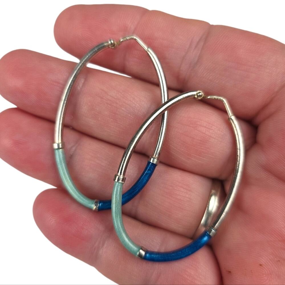 Vintage Sterling Enameled Hoop Earrings 1 1/2" Italy 925 Silver